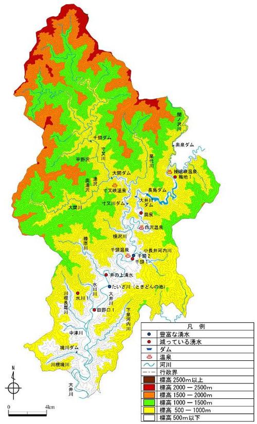 川根本町の河川、ダム、湧水、温泉などの位置図